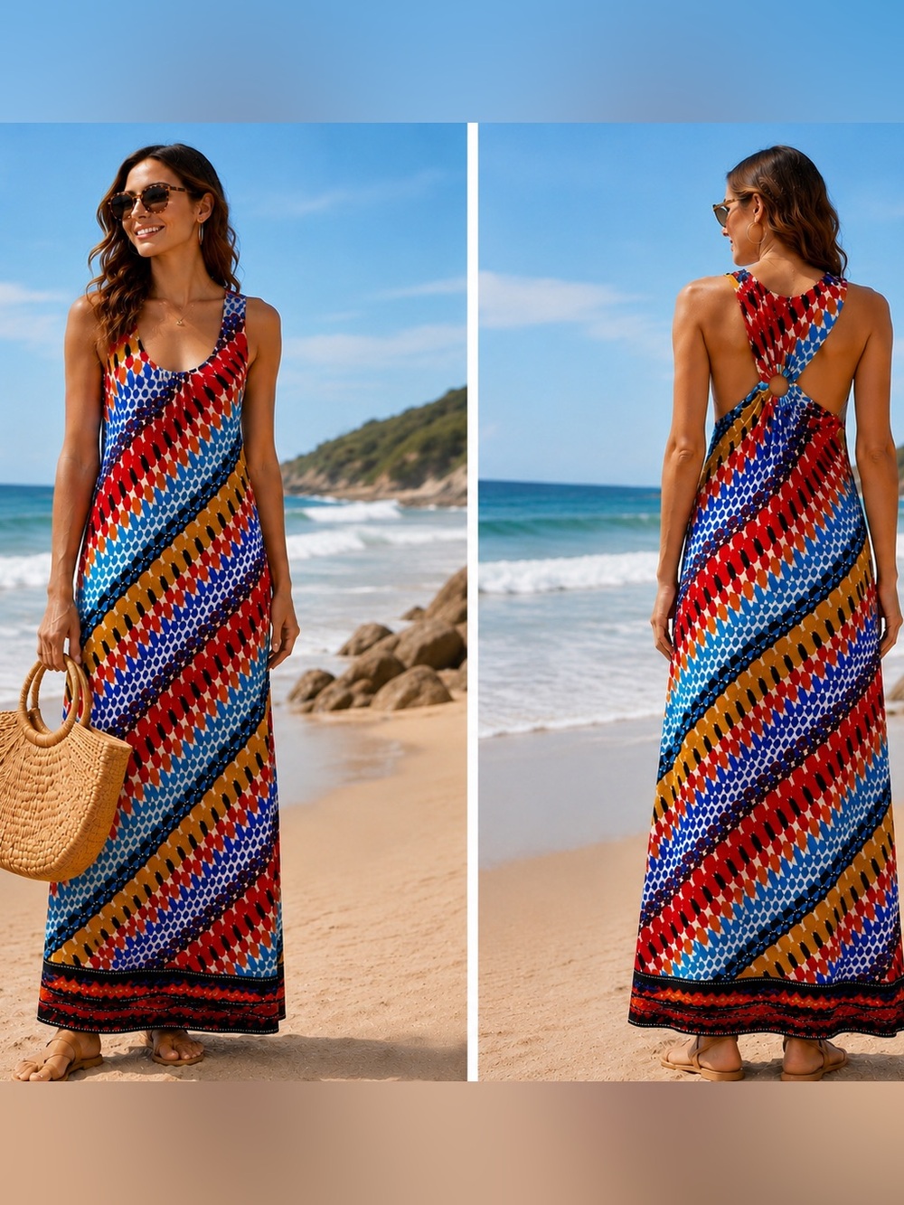 Emma & Michelle Printed Knit Tank‎ Maxi Resort Wear Racerback Ring XL
